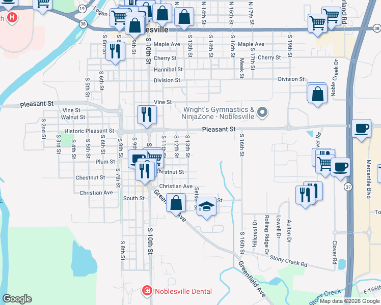 map of restaurants, bars, coffee shops, grocery stores, and more near 990 South 13th Street in Noblesville