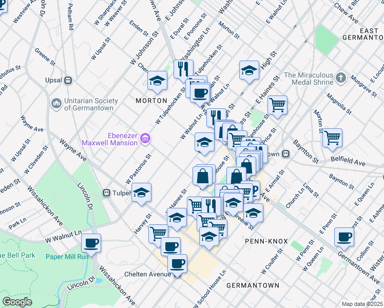 map of restaurants, bars, coffee shops, grocery stores, and more near 131 Harvey Street in Philadelphia