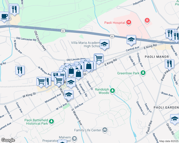 map of restaurants, bars, coffee shops, grocery stores, and more near 335 East King Street in Malvern