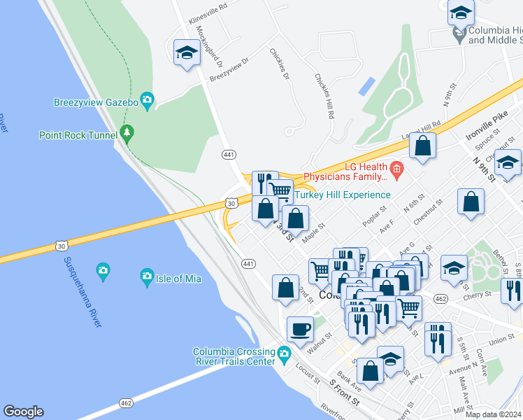 map of restaurants, bars, coffee shops, grocery stores, and more near 544 North 3rd Street in Columbia