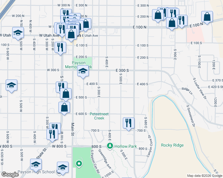 map of restaurants, bars, coffee shops, grocery stores, and more near 441 South 400 East in Payson