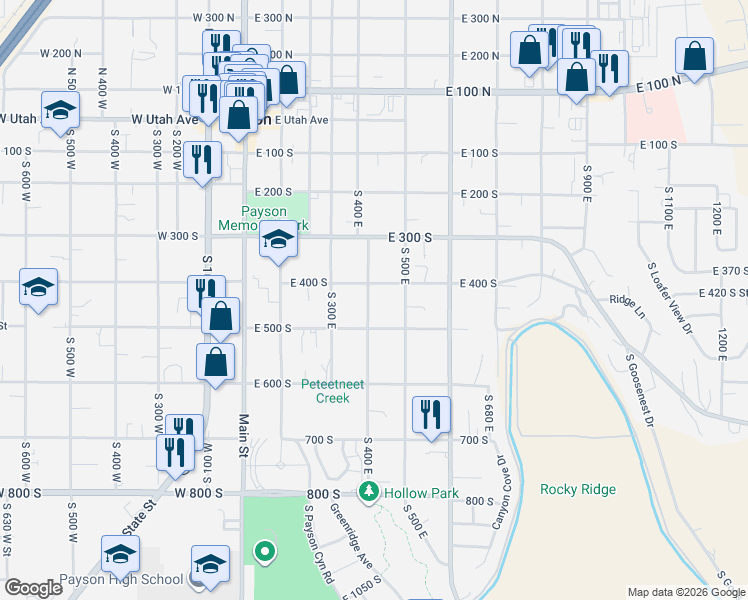 map of restaurants, bars, coffee shops, grocery stores, and more near 474 East 400 South in Payson