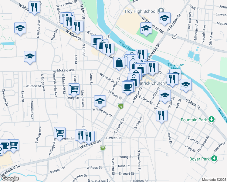 map of restaurants, bars, coffee shops, grocery stores, and more near 224 South Plum Street in Troy