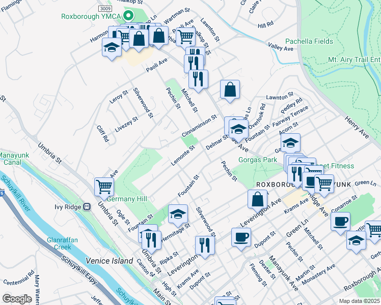 map of restaurants, bars, coffee shops, grocery stores, and more near 357 Lemonte Street in Philadelphia