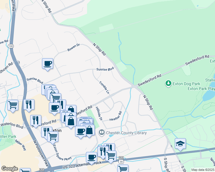 map of restaurants, bars, coffee shops, grocery stores, and more near 305 Trimble Lane in Exton