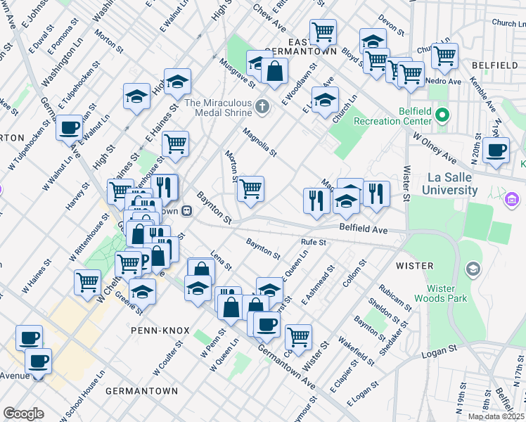 map of restaurants, bars, coffee shops, grocery stores, and more near 346 East Church Lane in Philadelphia