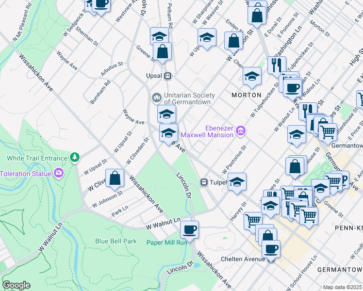 map of restaurants, bars, coffee shops, grocery stores, and more near 6335 Wayne Avenue in Philadelphia