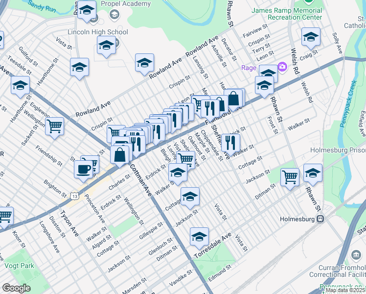 map of restaurants, bars, coffee shops, grocery stores, and more near 4028 Shelmire Avenue in Philadelphia