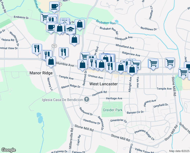 map of restaurants, bars, coffee shops, grocery stores, and more near Ursinus Avenue in Lancaster County
