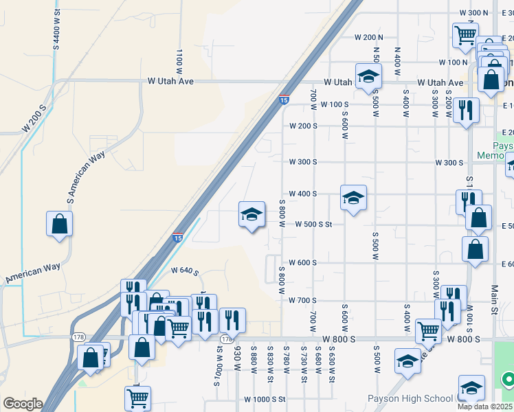 map of restaurants, bars, coffee shops, grocery stores, and more near 868 West 450 South in Payson
