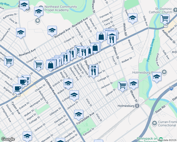 map of restaurants, bars, coffee shops, grocery stores, and more near 4224 Sheffield Avenue in Philadelphia