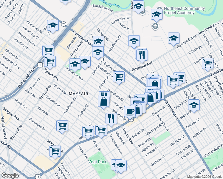 map of restaurants, bars, coffee shops, grocery stores, and more near 3244 Saint Vincent Street in Philadelphia