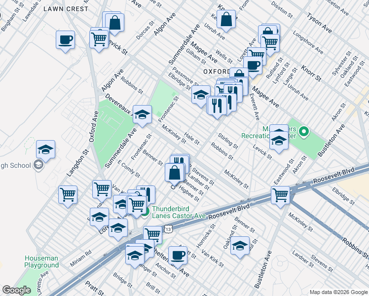 map of restaurants, bars, coffee shops, grocery stores, and more near 1301 Devereaux Avenue in Philadelphia