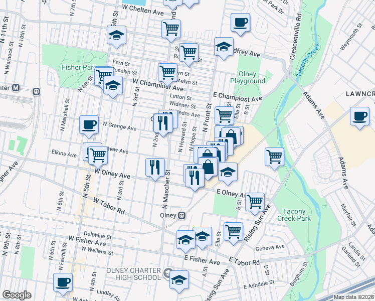 map of restaurants, bars, coffee shops, grocery stores, and more near 5747 North Hope Street in Philadelphia