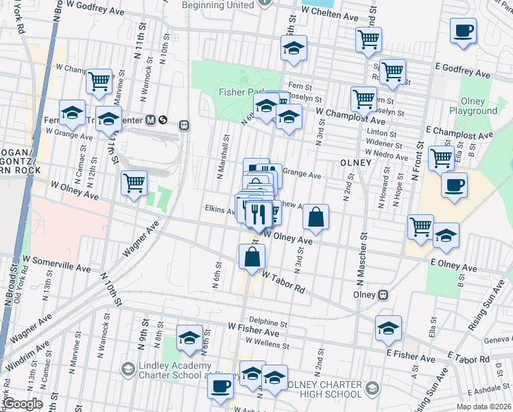 map of restaurants, bars, coffee shops, grocery stores, and more near 5656 North 5th Street in Philadelphia