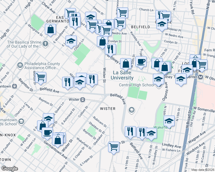 map of restaurants, bars, coffee shops, grocery stores, and more near 5401 East Water Street in Philadelphia