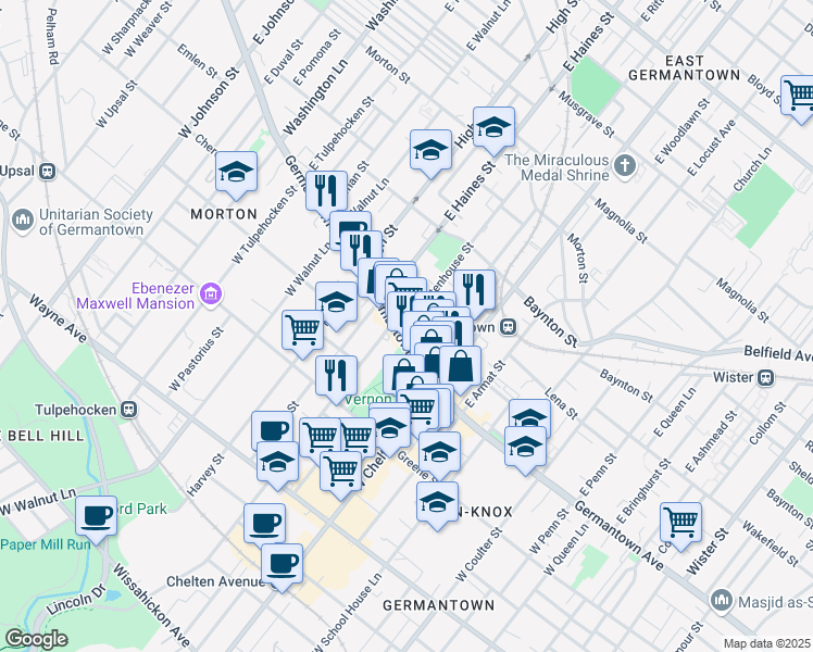 map of restaurants, bars, coffee shops, grocery stores, and more near 34 East Rittenhouse Street in Philadelphia