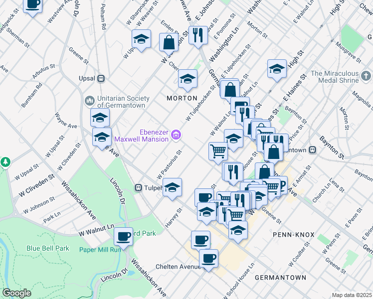 map of restaurants, bars, coffee shops, grocery stores, and more near 6124 Greene Street in Philadelphia