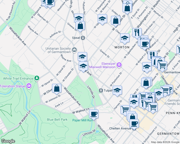 map of restaurants, bars, coffee shops, grocery stores, and more near 6335 Wayne Avenue in Philadelphia