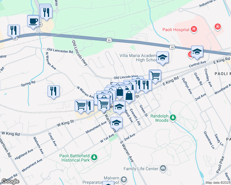 map of restaurants, bars, coffee shops, grocery stores, and more near 205 East Broad Street in Malvern