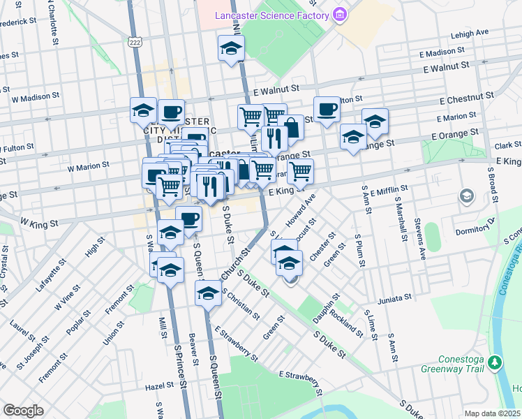 map of restaurants, bars, coffee shops, grocery stores, and more near 150 East King Street in Lancaster