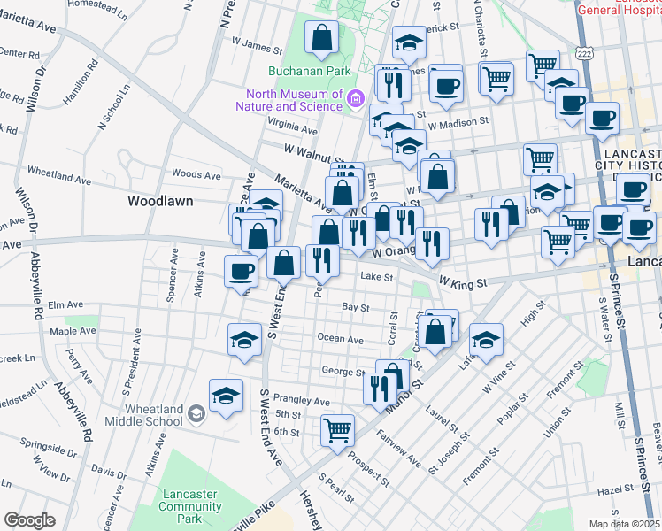 map of restaurants, bars, coffee shops, grocery stores, and more near 738 Pennsylvania 462 in Lancaster
