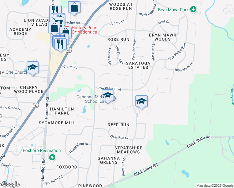 map of restaurants, bars, coffee shops, grocery stores, and more near 815 Riva Ridge Boulevard in Gahanna