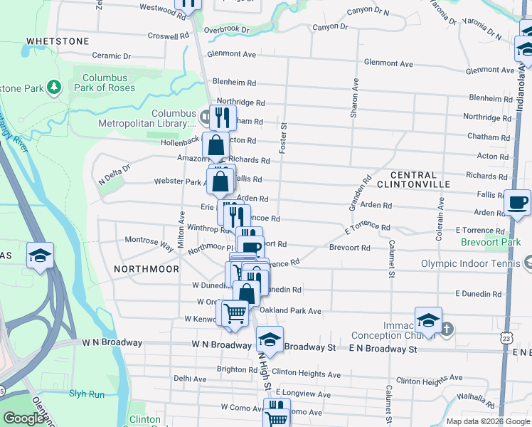 map of restaurants, bars, coffee shops, grocery stores, and more near 49 Arden Road in Columbus