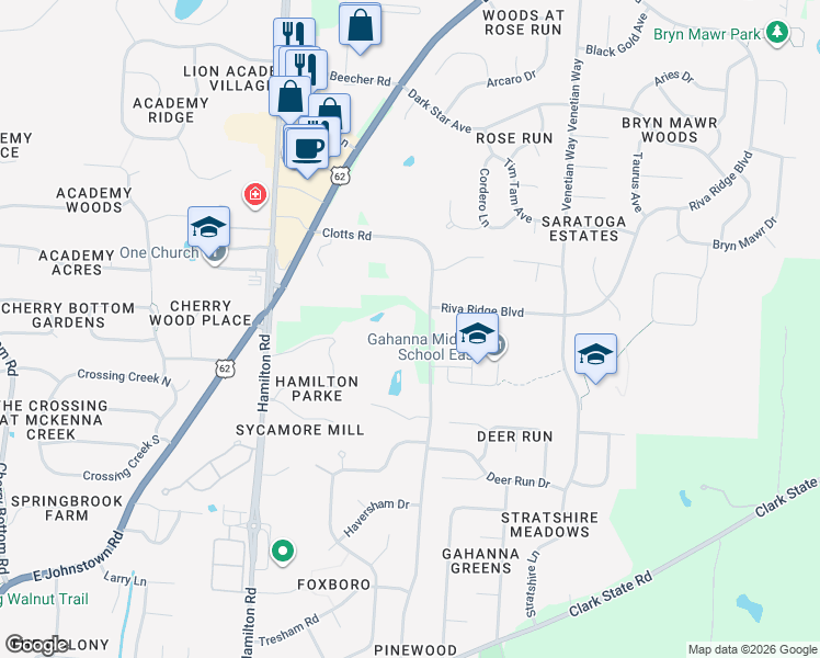 map of restaurants, bars, coffee shops, grocery stores, and more near 3925 Clotts Road in Columbus