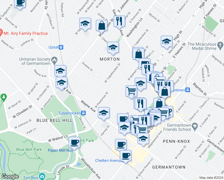 map of restaurants, bars, coffee shops, grocery stores, and more near 6118 Greene Street in Philadelphia