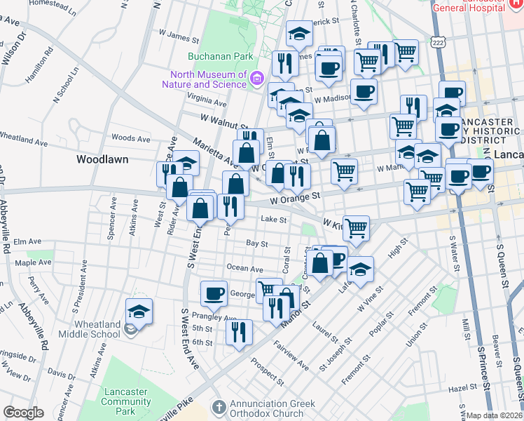 map of restaurants, bars, coffee shops, grocery stores, and more near 665 Columbia Avenue in Lancaster
