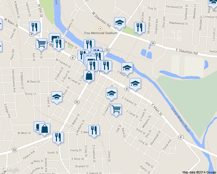map of restaurants, bars, coffee shops, grocery stores, and more near 18 South Clay Street in Troy