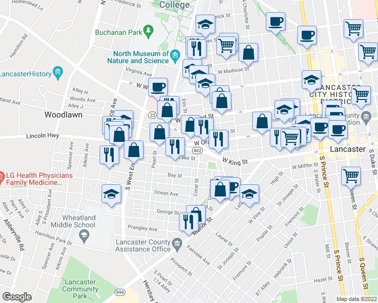 map of restaurants, bars, coffee shops, grocery stores, and more near 662 1/2 Columbia Avenue in Lancaster