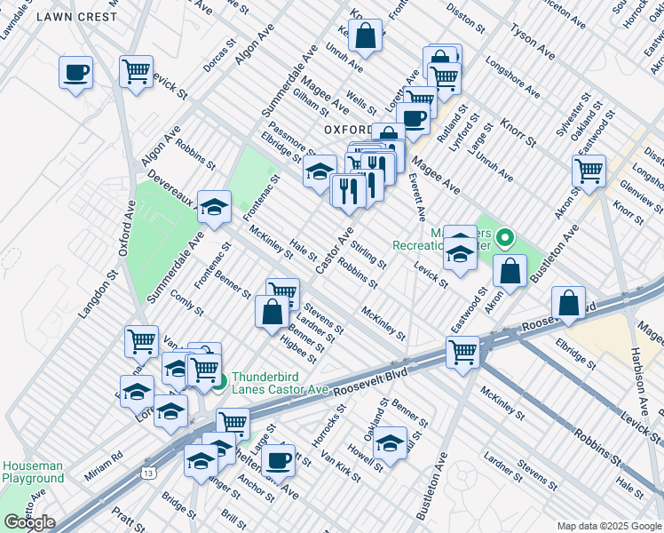 map of restaurants, bars, coffee shops, grocery stores, and more near 6237 Castor Avenue in Philadelphia