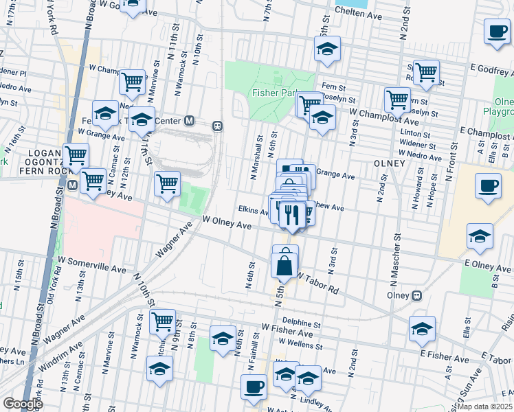 map of restaurants, bars, coffee shops, grocery stores, and more near 605 Elkins Avenue in Philadelphia