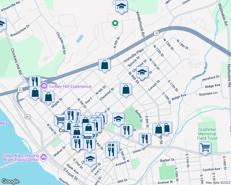 map of restaurants, bars, coffee shops, grocery stores, and more near 133 North 7th Street in Columbia