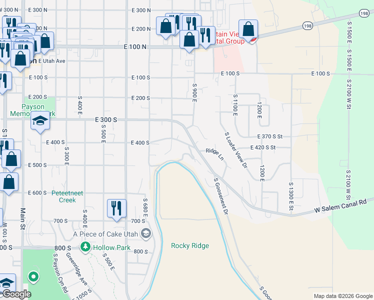 map of restaurants, bars, coffee shops, grocery stores, and more near 862 East 400 South in Payson