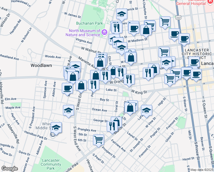 map of restaurants, bars, coffee shops, grocery stores, and more near 686 Columbia Avenue in Lancaster