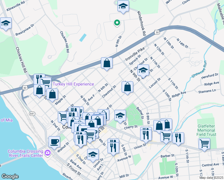 map of restaurants, bars, coffee shops, grocery stores, and more near 152 North 7th Street in Columbia