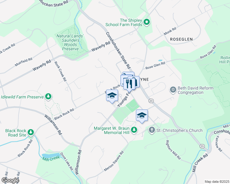 map of restaurants, bars, coffee shops, grocery stores, and more near 1013 Black Rock Road in Gladwyne