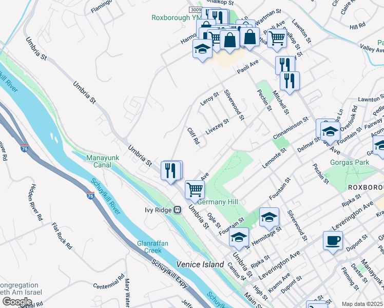 map of restaurants, bars, coffee shops, grocery stores, and more near 300 Lodge Road in Philadelphia