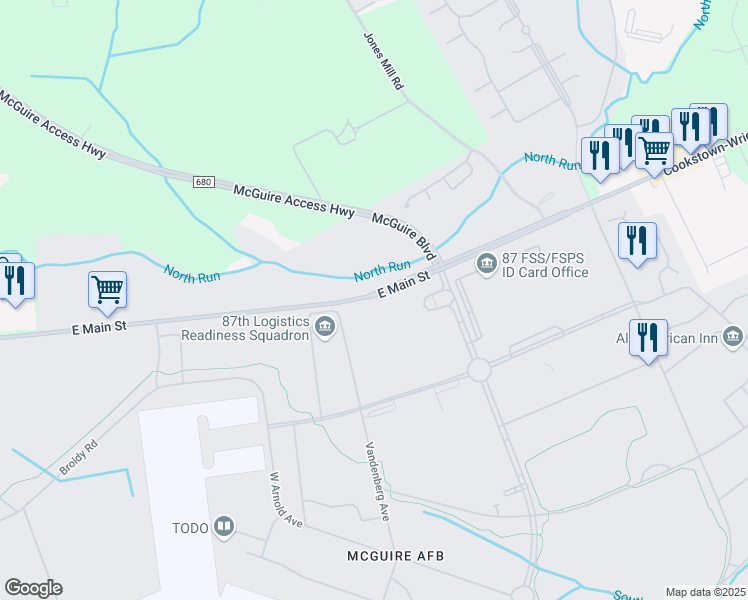 map of restaurants, bars, coffee shops, grocery stores, and more near 3009 East Main Street in Wrightstown