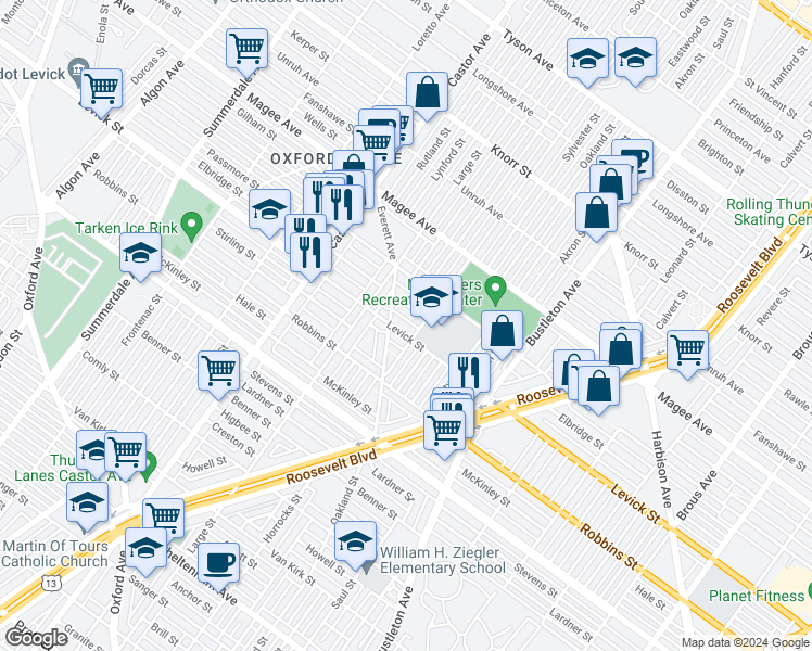 map of restaurants, bars, coffee shops, grocery stores, and more near 1545 Levick Street in Philadelphia