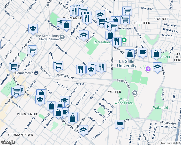 map of restaurants, bars, coffee shops, grocery stores, and more near 482 E Penn St in Philadelphia
