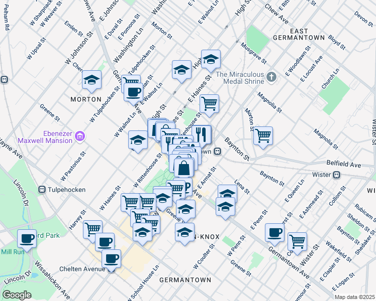 map of restaurants, bars, coffee shops, grocery stores, and more near E Price St & Lena St in Philadelphia