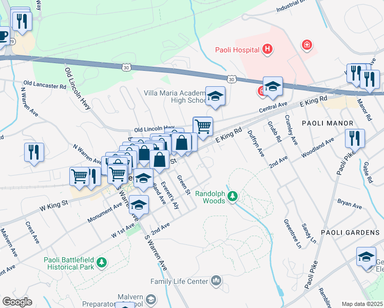 map of restaurants, bars, coffee shops, grocery stores, and more near 470 East King Street in Malvern
