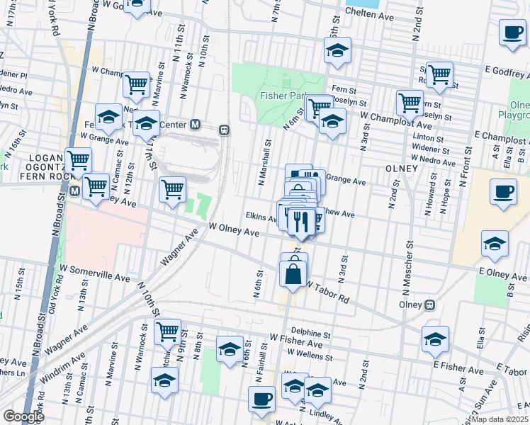 map of restaurants, bars, coffee shops, grocery stores, and more near 605 Elkins Avenue in Philadelphia