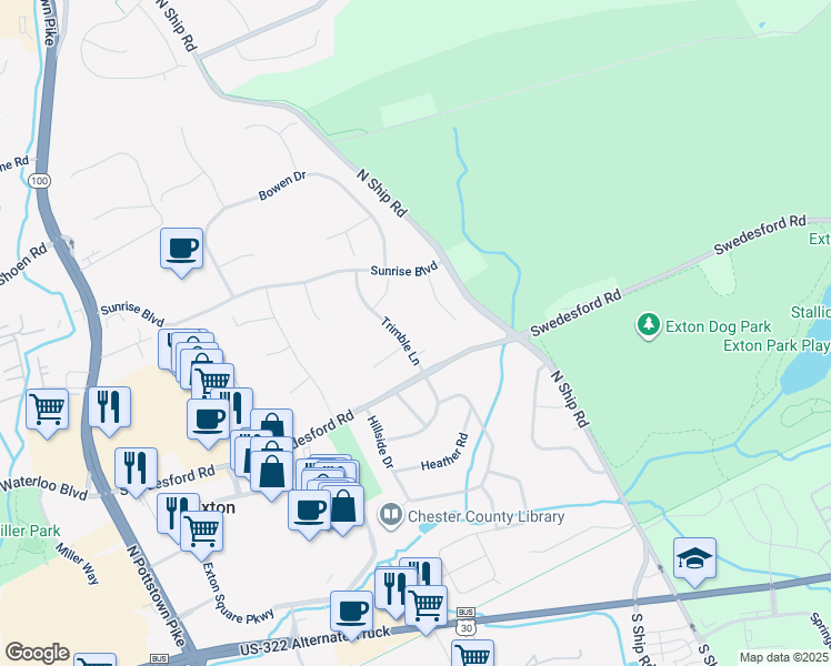 map of restaurants, bars, coffee shops, grocery stores, and more near 305 Trimble Lane in Exton