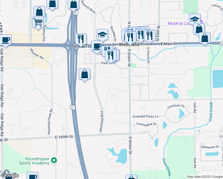 map of restaurants, bars, coffee shops, grocery stores, and more near 441 South Union Street in Westfield