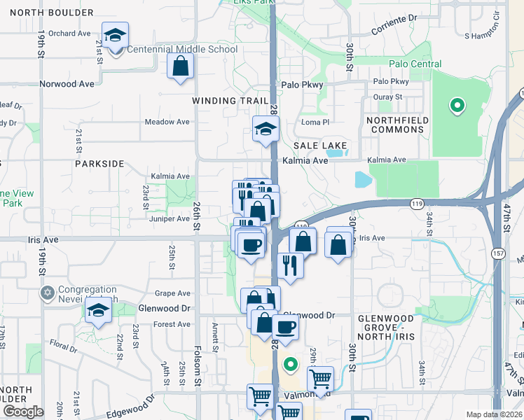 map of restaurants, bars, coffee shops, grocery stores, and more near 3478 28th Street in Boulder